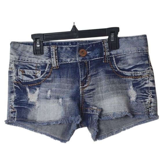 Amethyst Denim Shorts Womens 7 Stretch Distressed Y2K Cut-Off Thick Stitch Short - Picture 1 of 6